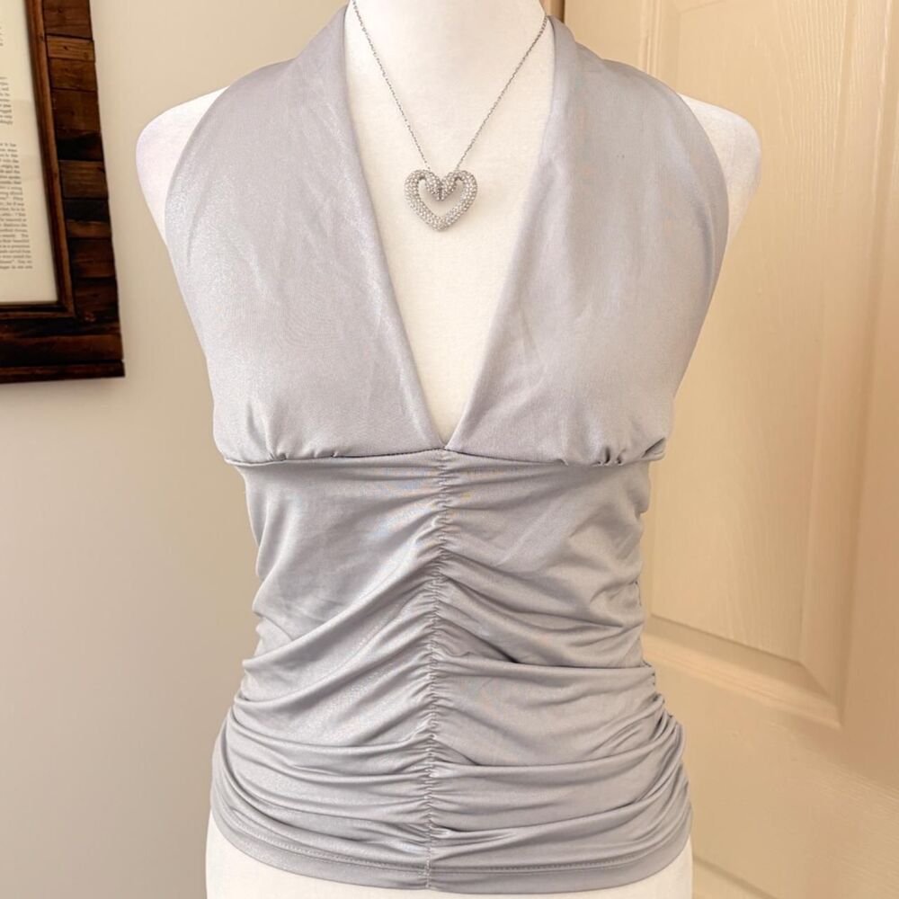Y2K Metallic Silver Ruched Halter Top